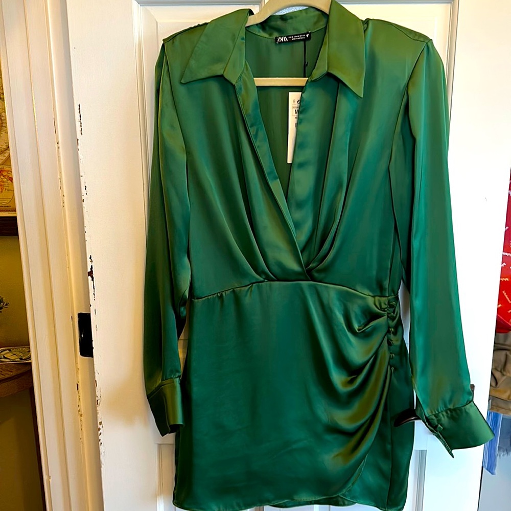 Zara green satin holiday dress M